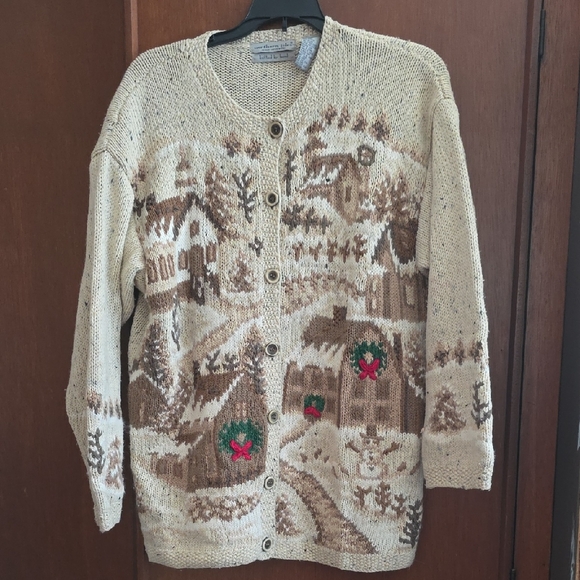 Norther Isles Hand Knitted Cozy Holiday Cardigan with Village Scene Sz M - Picture 1 of 15